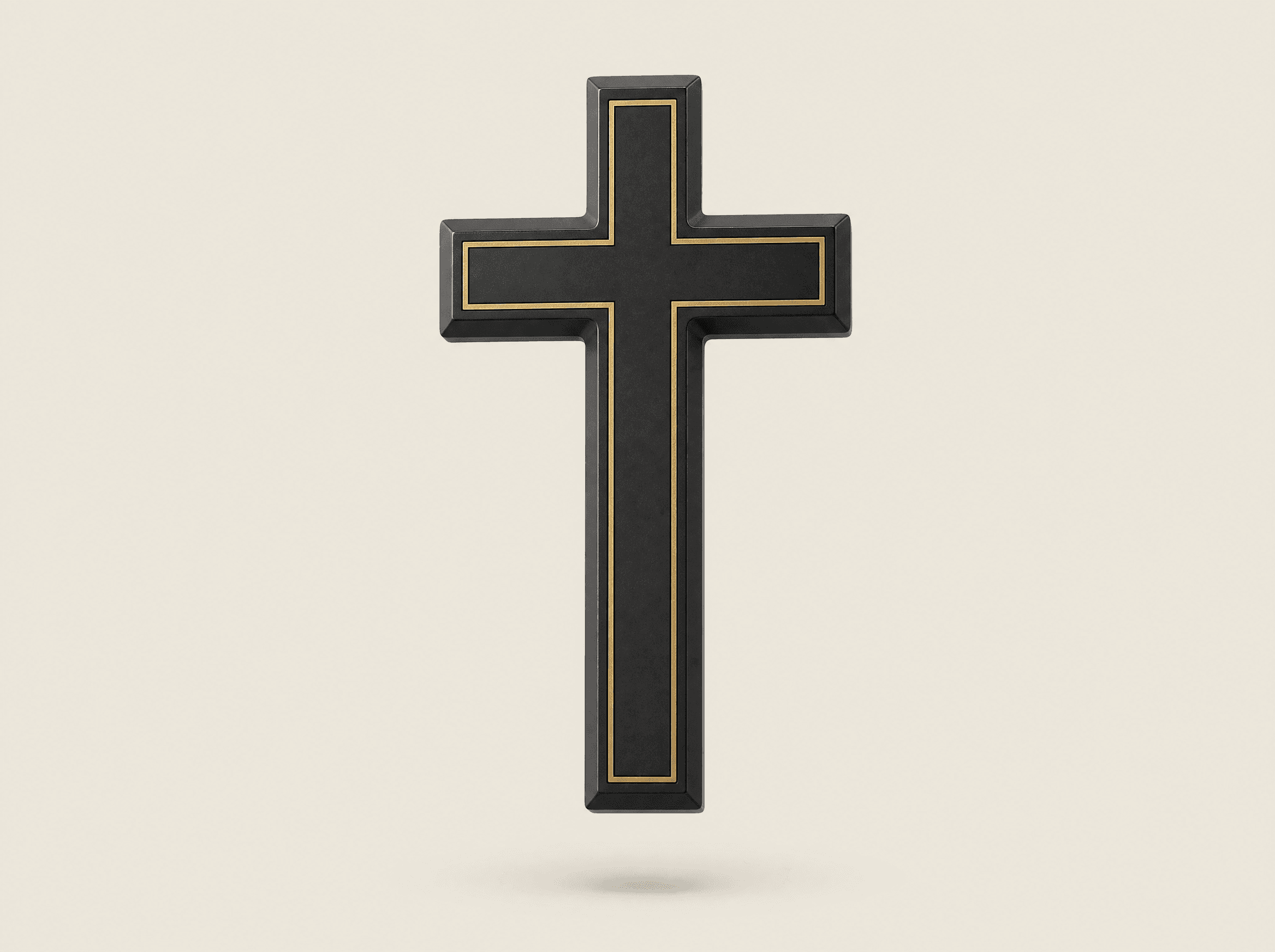 A precision-manufactured black metal cross with a restrained gold inlay